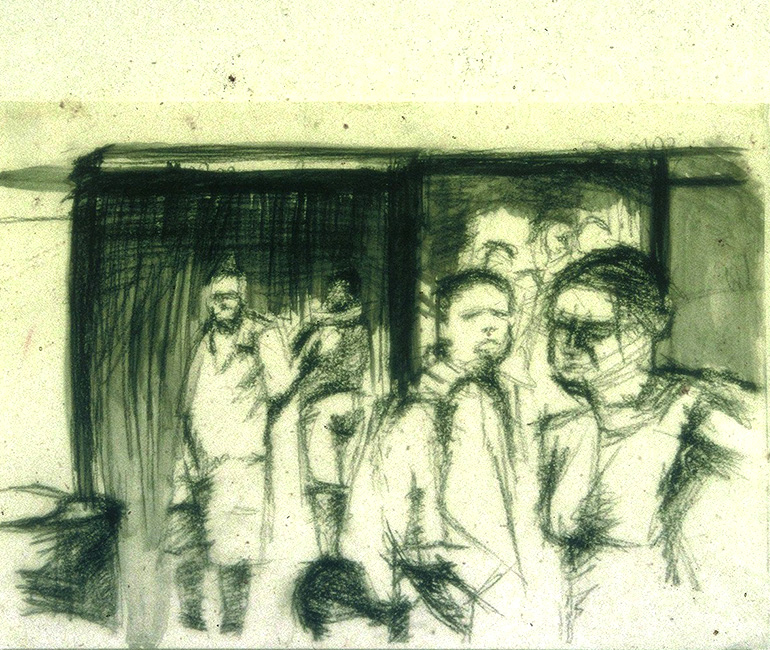 Degree-3rd-Year-'Liquid-Lunch-at-the-Last-Supper'---working-drawing,-charcoal-on-A2-paper-Jan-1996