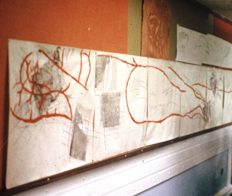 Foundation-Course-'Landscape-of-Self-Image'-Mixed-Media-on-wallpaper-underlay-sheets.--Spring-Term-1993