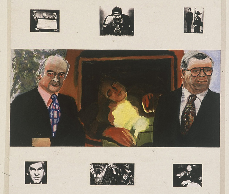 Swampy-Keeps-The-Fat-Cats-Company---Acrylic-on-Canvas-with-added-photocopied-graphs-Oct-Dec-1996-4ftx4ft